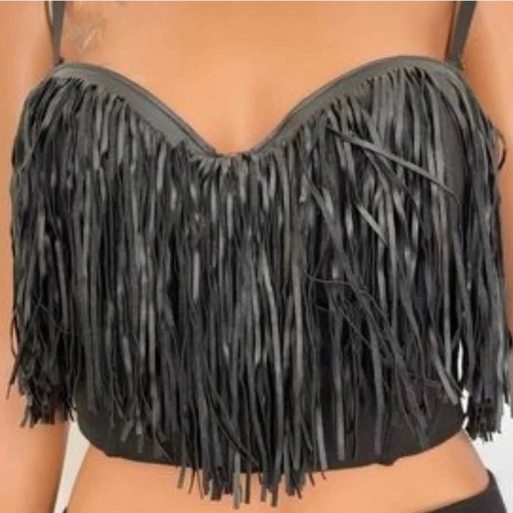 Say What XL Black Faux Leather Tassel Zipper Back Strap Fringe Bustier Crop Top